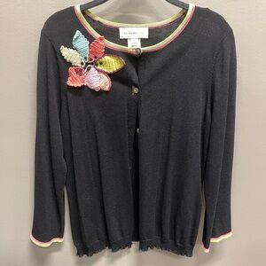 Susan Bristol Black Cardigan with Colorful Knit Flower